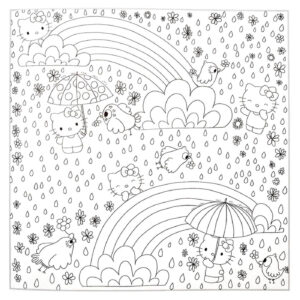 Dibujo de Hello Kitty bajo la Lluvia para Imprimir y Colorear