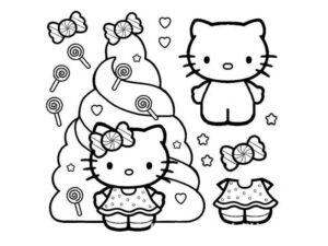 Dibujo de Hello Kitty con Dulces para Imprimir y Colorear