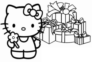 Dibujo de Hello Kitty con cajas de Regalo para Imprimir y Colorear