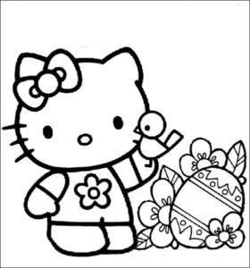 Dibujo de Hello Kitty con pollito y Huevo de Pascua para Colorear