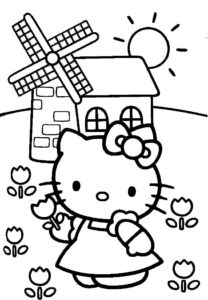 Dibujo de Hello Kitty en el Jardin de Flores para Colorear y Imprimir Gratis