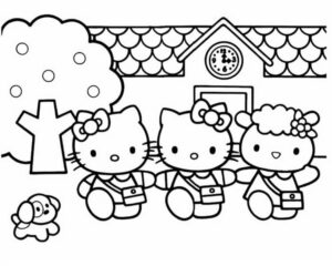 Dibujo de Hello Kitty y sus Amigos van a la Escuela para Imprimir y Colorear