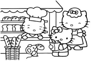 Dibujo de La Familia de Hello Kitty en la Panaderia para Imprimir y Colorear