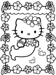 Dibujos de Sirena Hello Kitty con Flores para Imprimir y Colorear