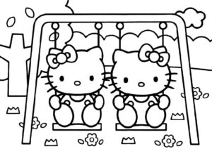 dibujo bebe hello kitty juega en los columpios para imprimir y colorear