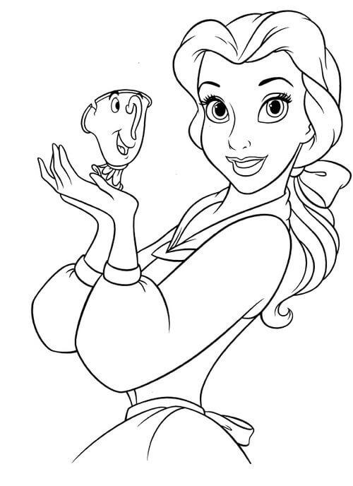 dibujo belle disney sosteniendo una taza magica para colorear