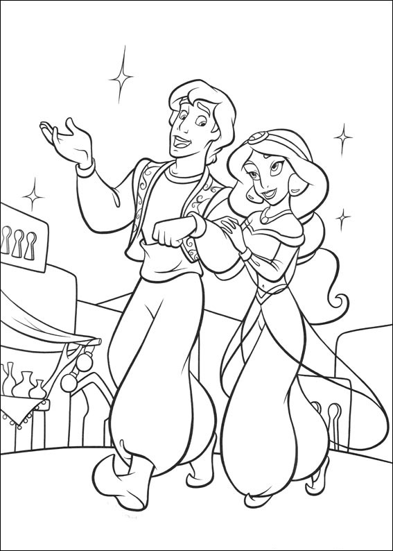 dibujo aladdin y jazmin caminando para imprimir y colorear