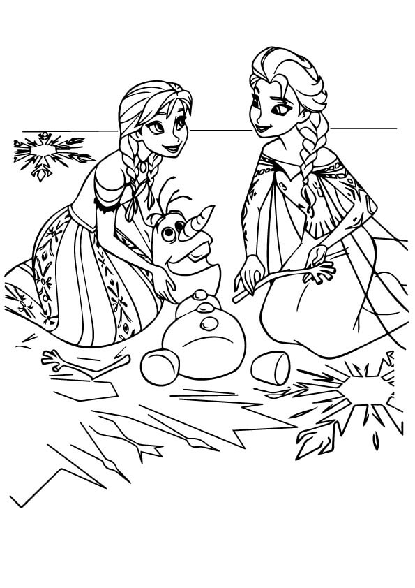 dibujo anna y elsa construyendo a olaf para imprimir y colorear