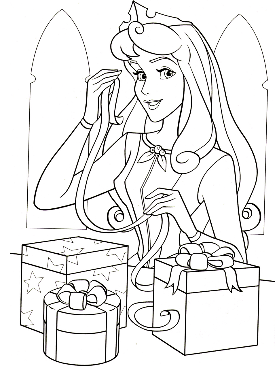 dibujo aurora con cajas de regalo para imprimir y colorear