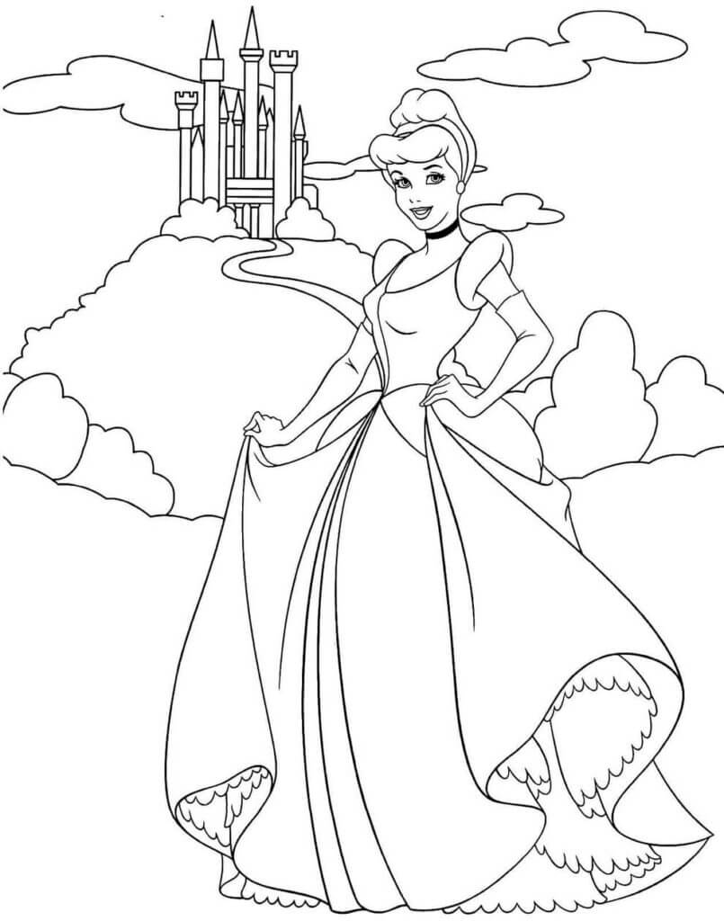 dibujo cenicienta con castillo para imprimir y colorear