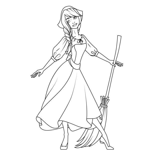 dibujo cenicienta con una escoba para imprimir y colorear