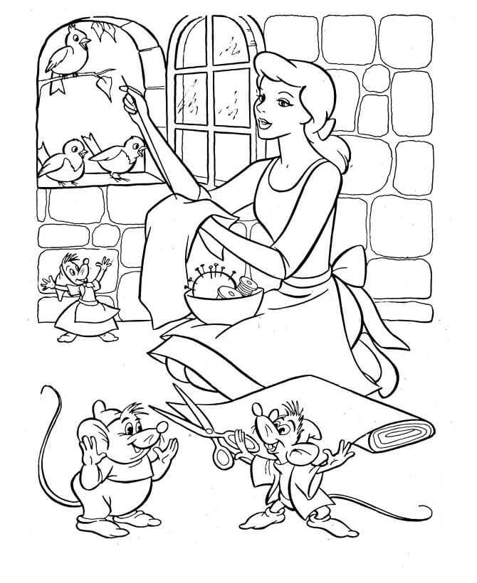 dibujo cenicienta esta cosiendo para imprimir y colorear