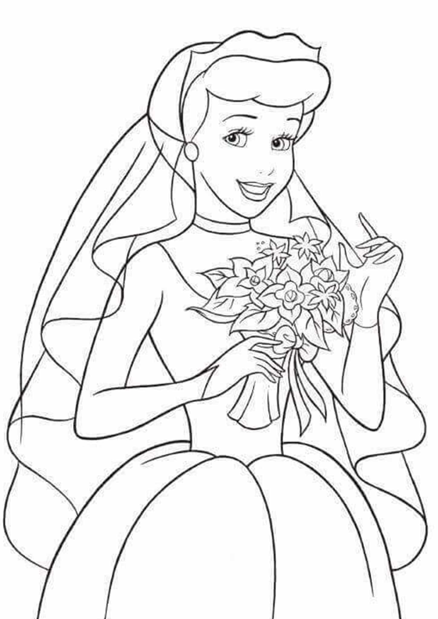 dibujo cenicienta novia con ramo de flores para imprimir y colorear