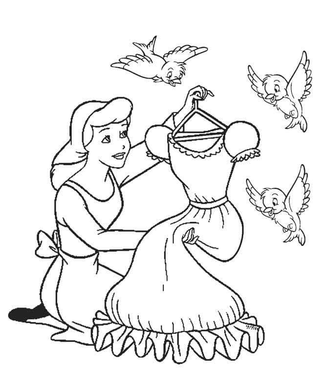 dibujo cenicienta sosteniendo el vestido para imprimir y colorear