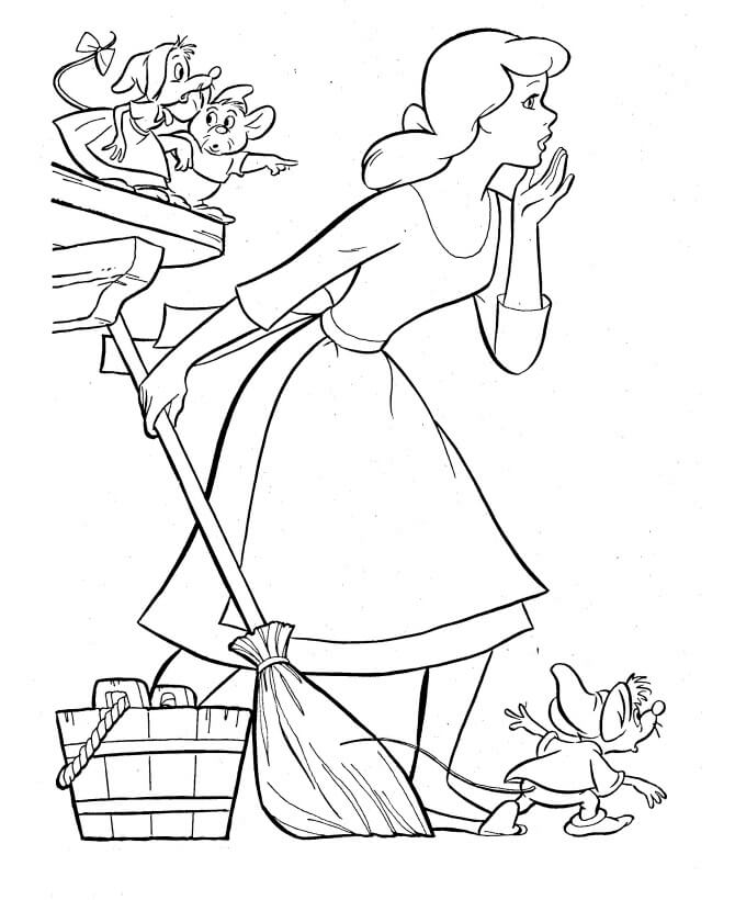 dibujo cenicienta sosteniendo una escoba para imprimir y colorear