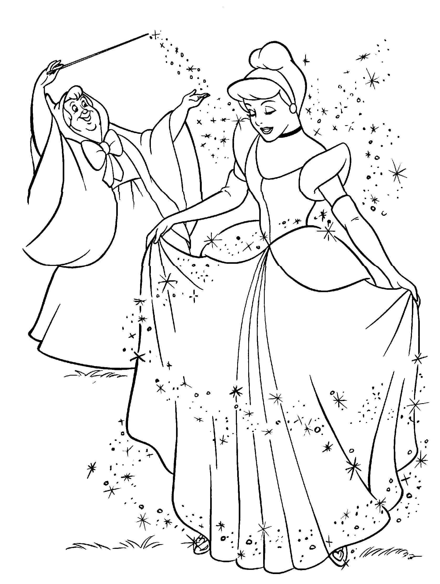 dibujo cenicienta y el hada para imprimir y colorear