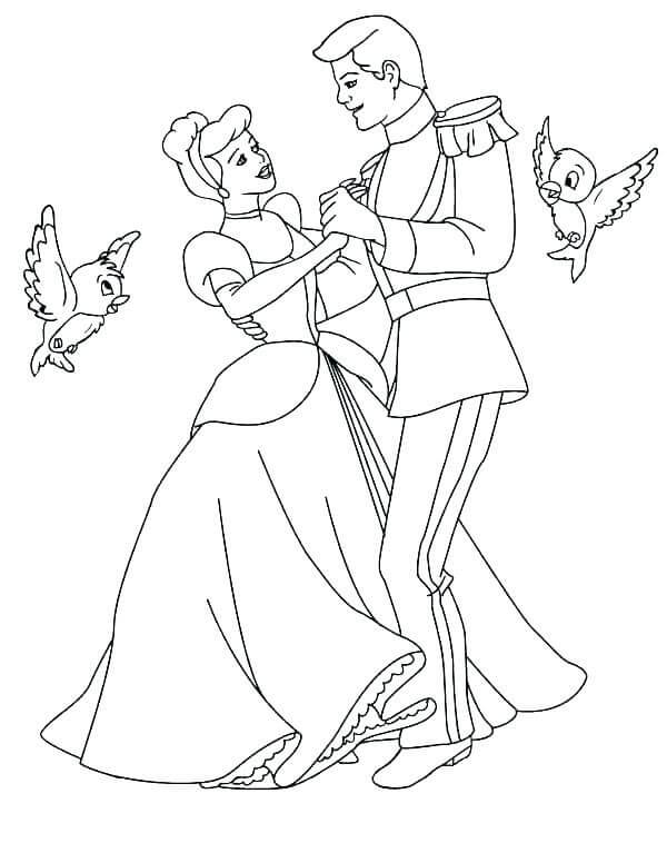 dibujo cenicienta y el principe bailando con dos pajaros para imprimir y colorear
