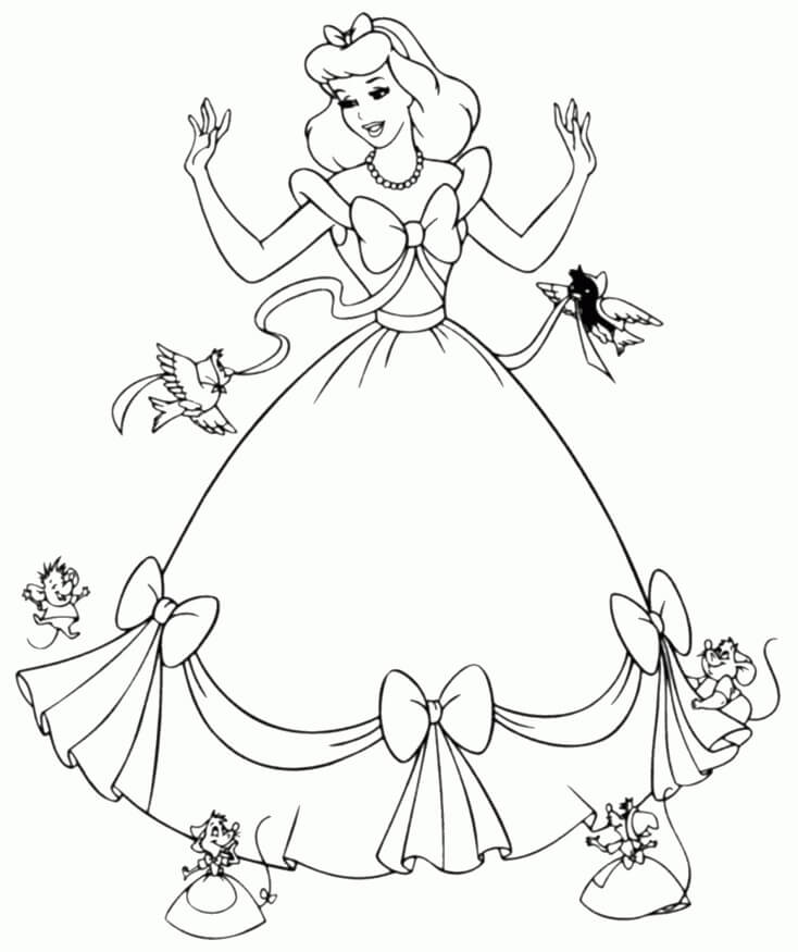 dibujo cenicienta y los animales para imprimir y colorear