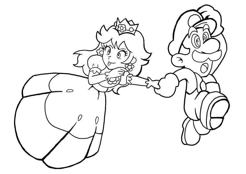 dibujo divertida princesa peach y mario corriendo para imprimir y colorear