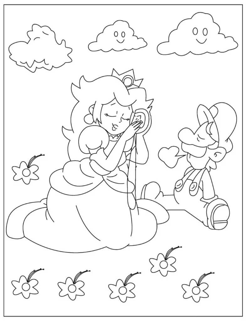 dibujo divertido mario y la princesa peach para imprimir y colorear