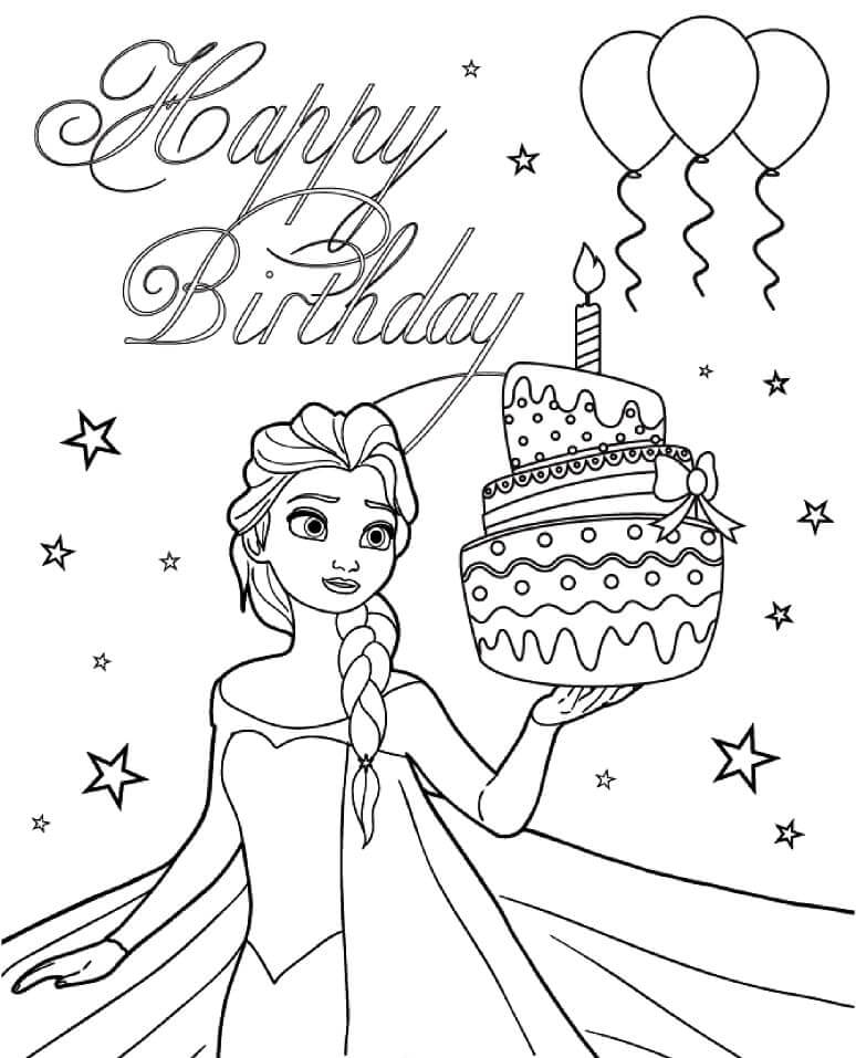 dibujo elsa con pastel de cumpleanos para imprimir y colorear