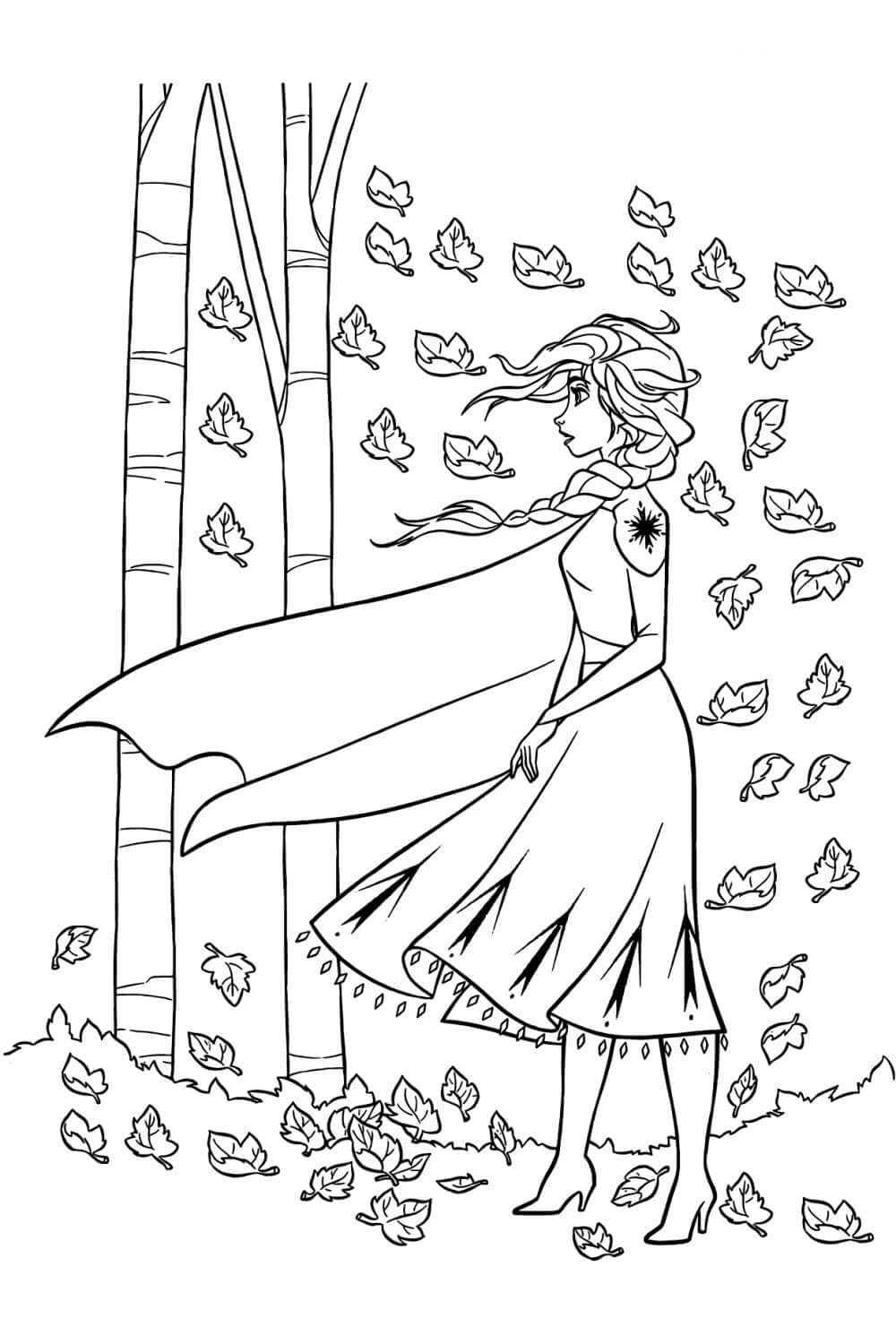 dibujo elsa en el bosque para imprimir y colorear