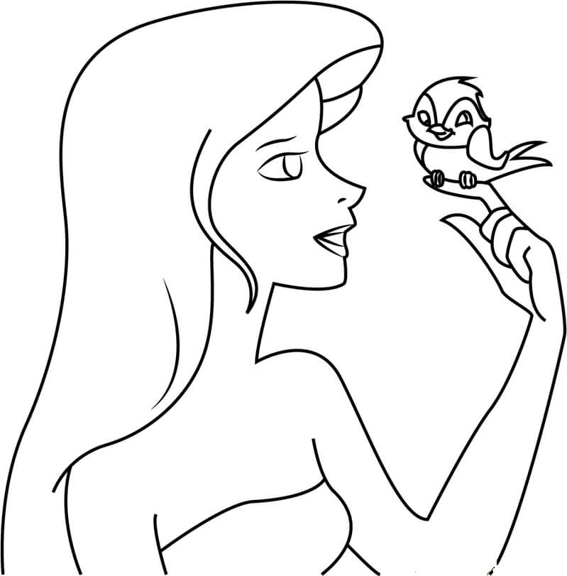 dibujo giselle sosteniendo pajaro para imprimir y colorear