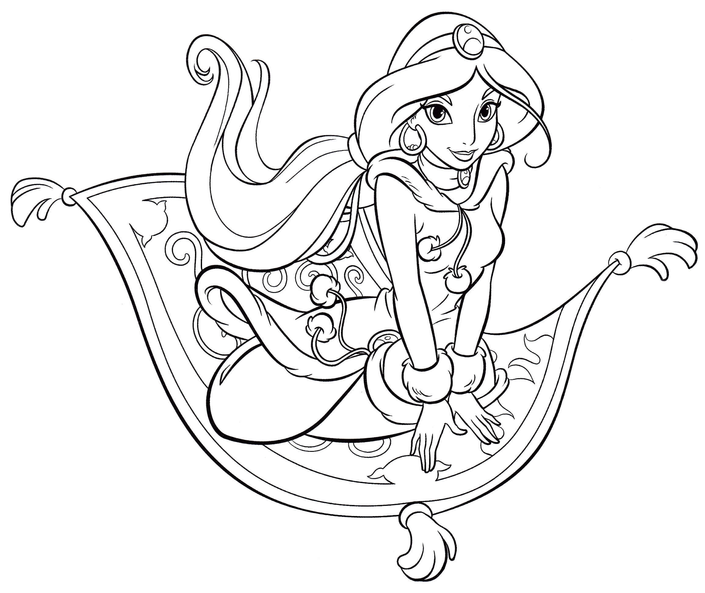 dibujo jasmine monta una alfombra magica para imprimir y colorear