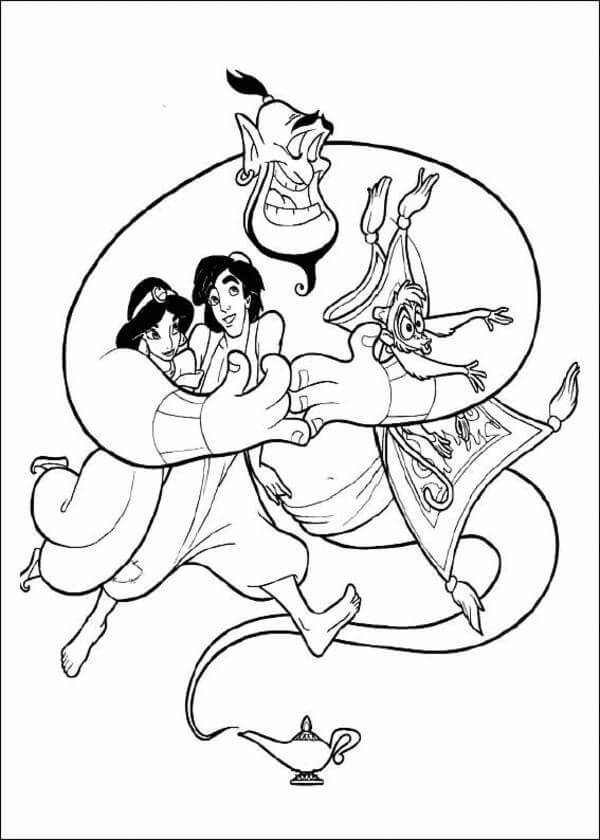 dibujo jazmin aladdin genio y mono para imprimir y colorear