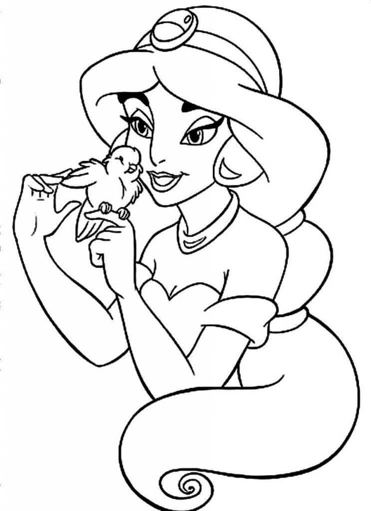 dibujo jazmin y pajaro para imprimir y colorear