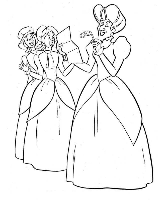 dibujo lady tremaine y dos personajes de cenicienta para imprimir y colorear