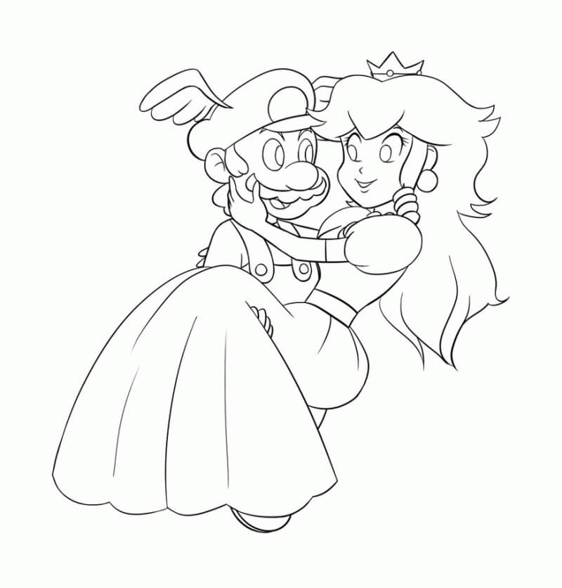 dibujo mario cargando a la princesa peach para imprimir y colorear