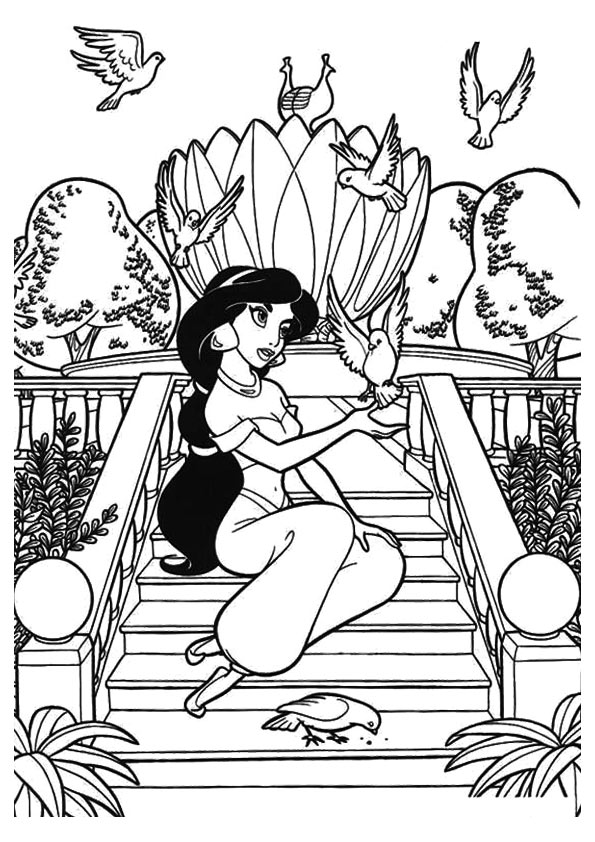 dibujo princesa jazmin con pajaros para imprimir y colorear