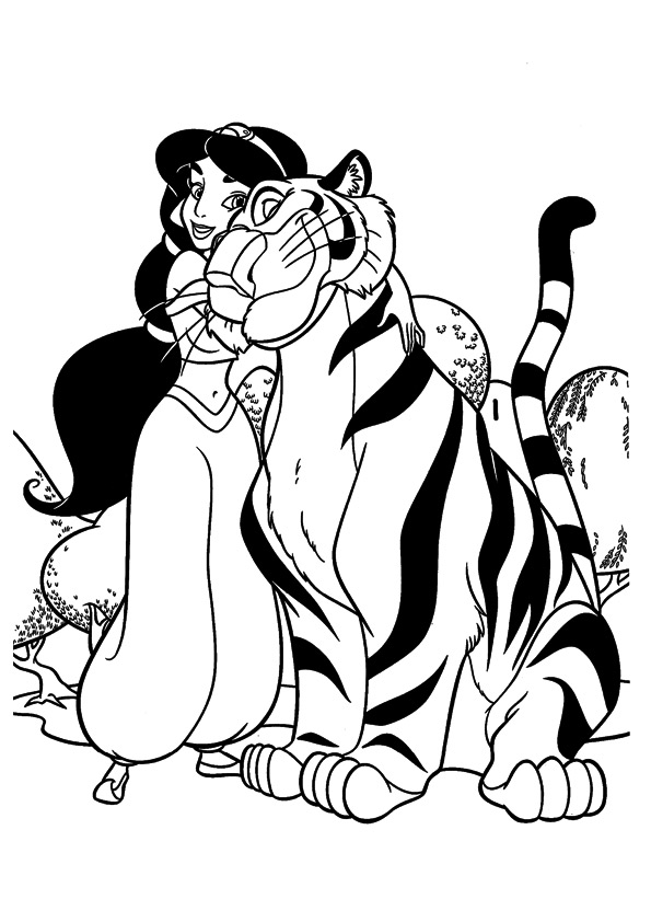 dibujo princesa jazmin con rajah para imprimir y colorear