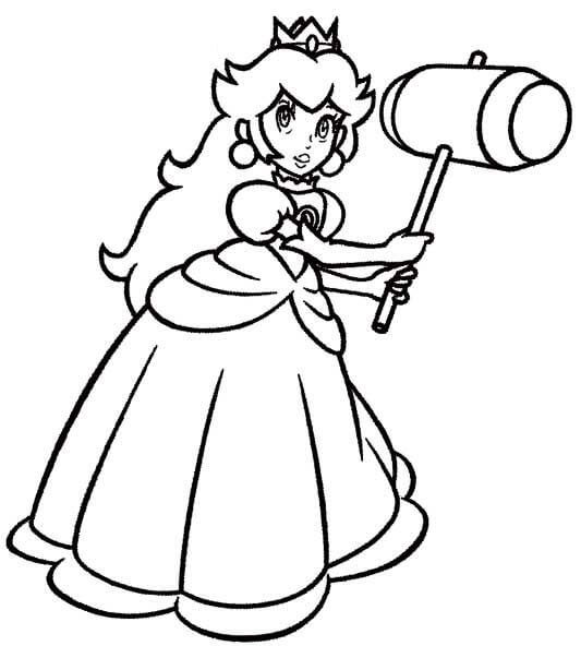 dibujo princesa peach con martillo para imprimir y colorear