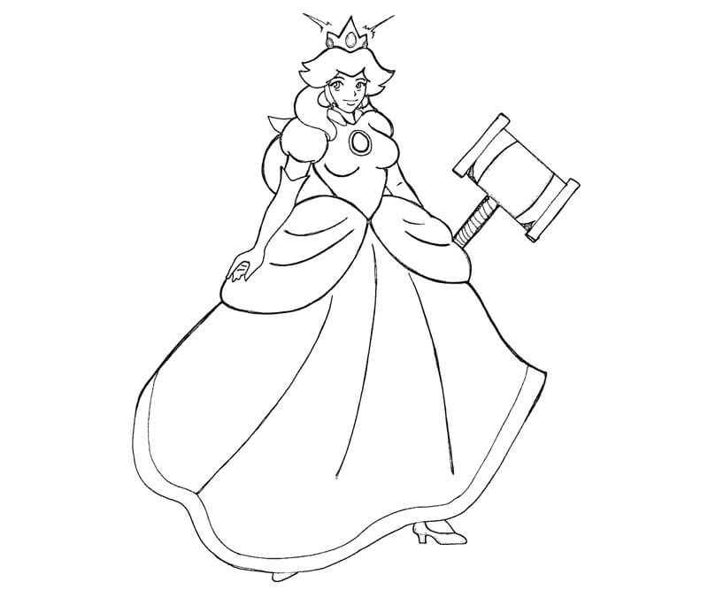 dibujo princesa peach sonriente sosteniendo un martillo para imprimir y colorear