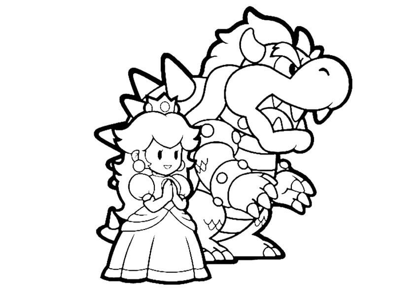 dibujo princesa peach y dragon para imprimir y colorear