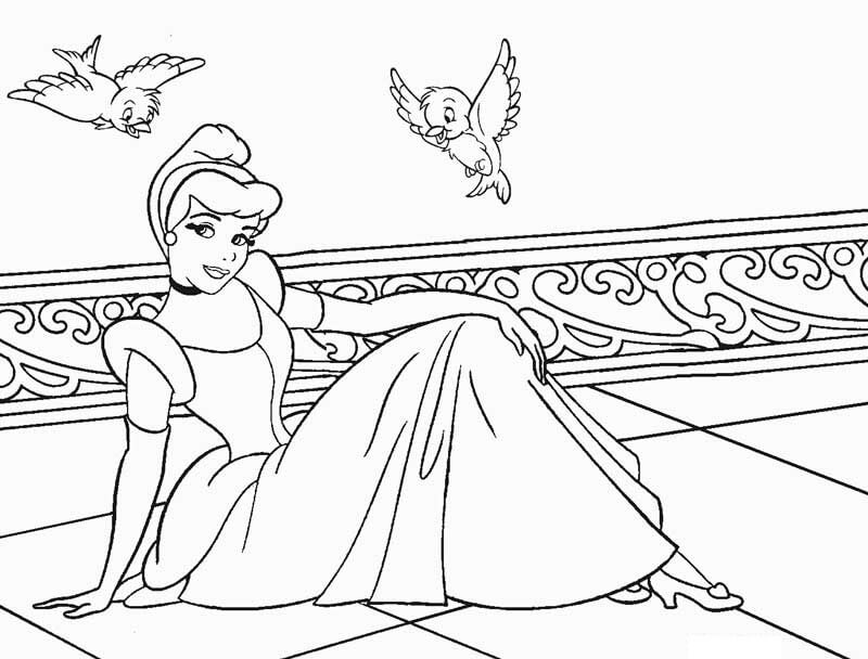 dibujo sentado de cenicienta y dos pajaros para imprimir y colorear