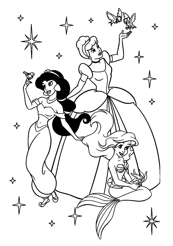 dibujo tres hermosas princesas para imprimir y colorear