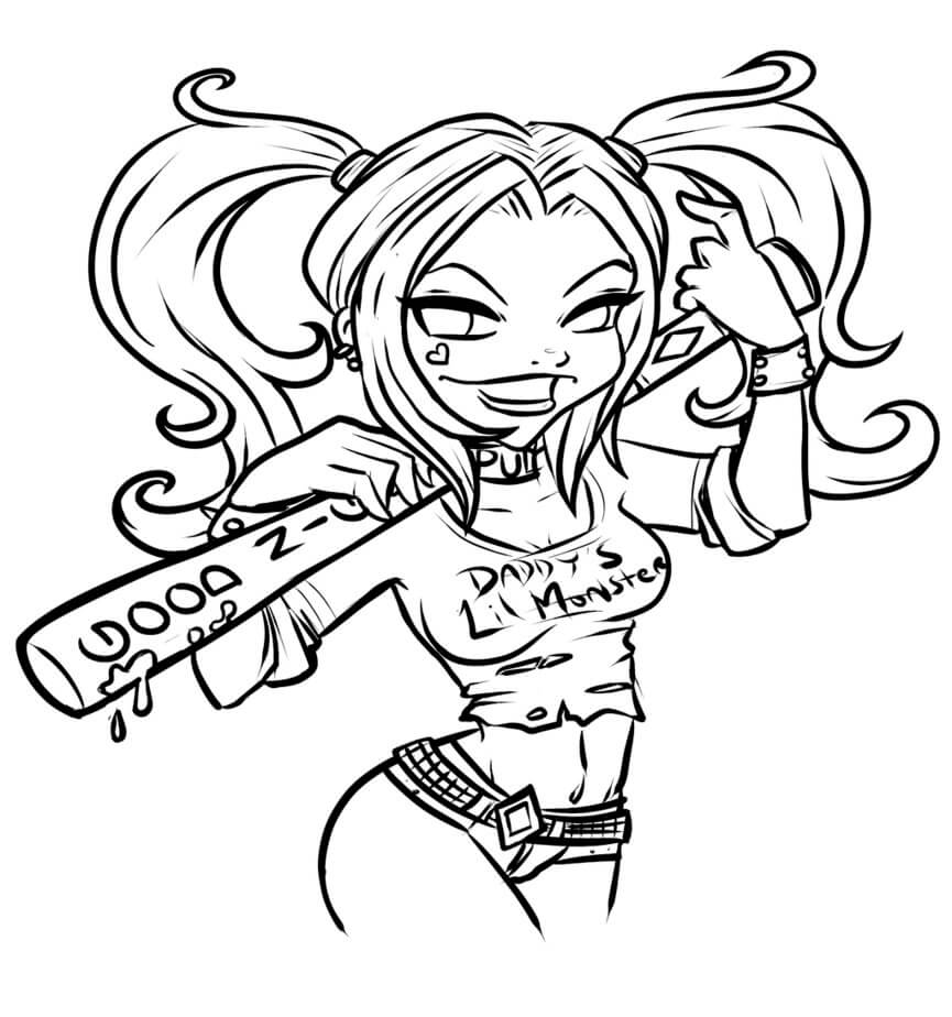 dibujo chibi divertida harley quinn con un bate de beisbol para imprimir y colorear