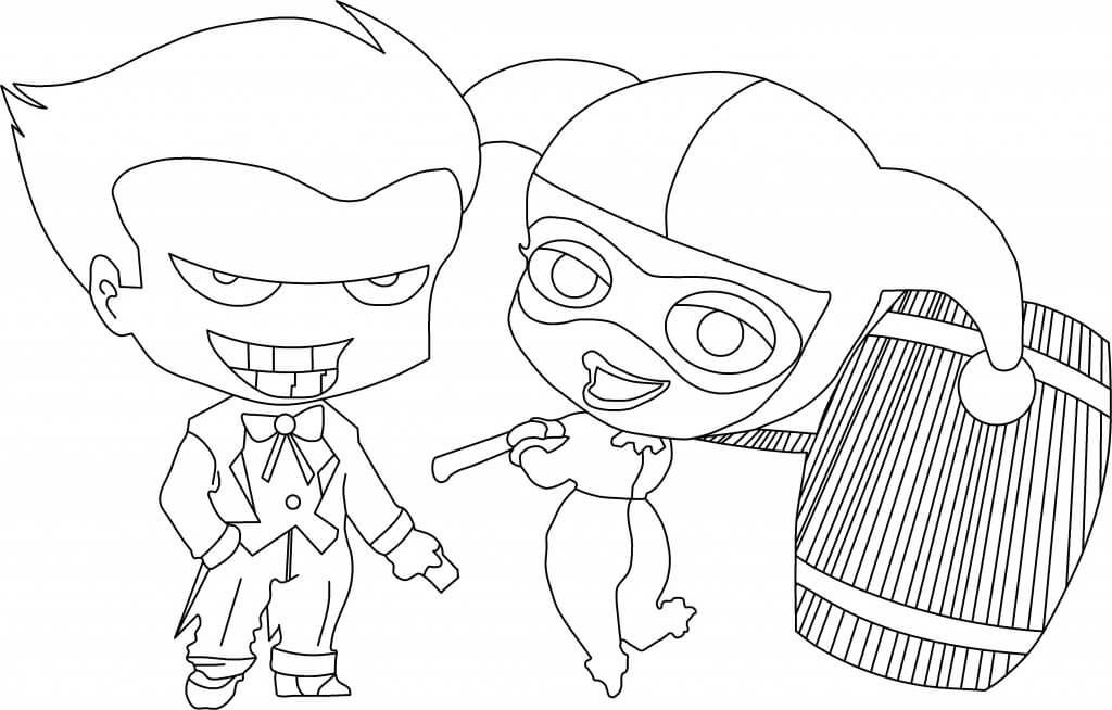 dibujo chibi joker y chibi harley quinn sosteniendo un martillo para imprimir y colorear