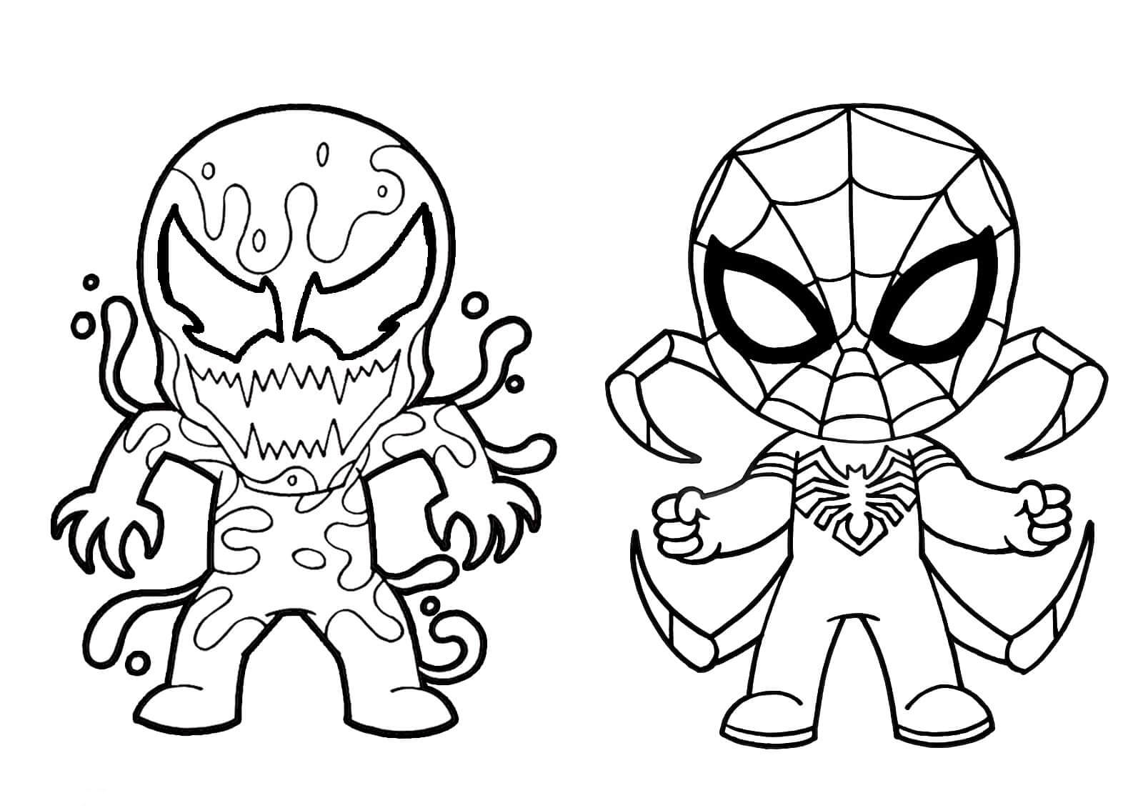 dibujo chibi venom y chibi hombre arana para imprimir y colorear