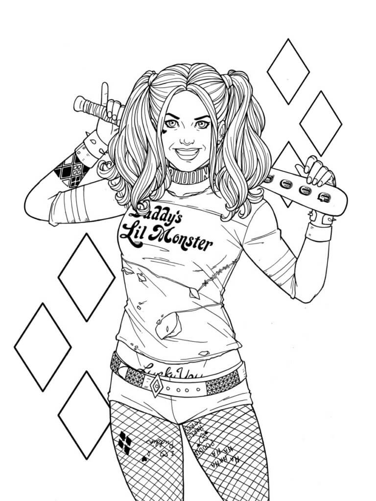 dibujo divertida harley quinn con un bate de beisbol para imprimir y colorear