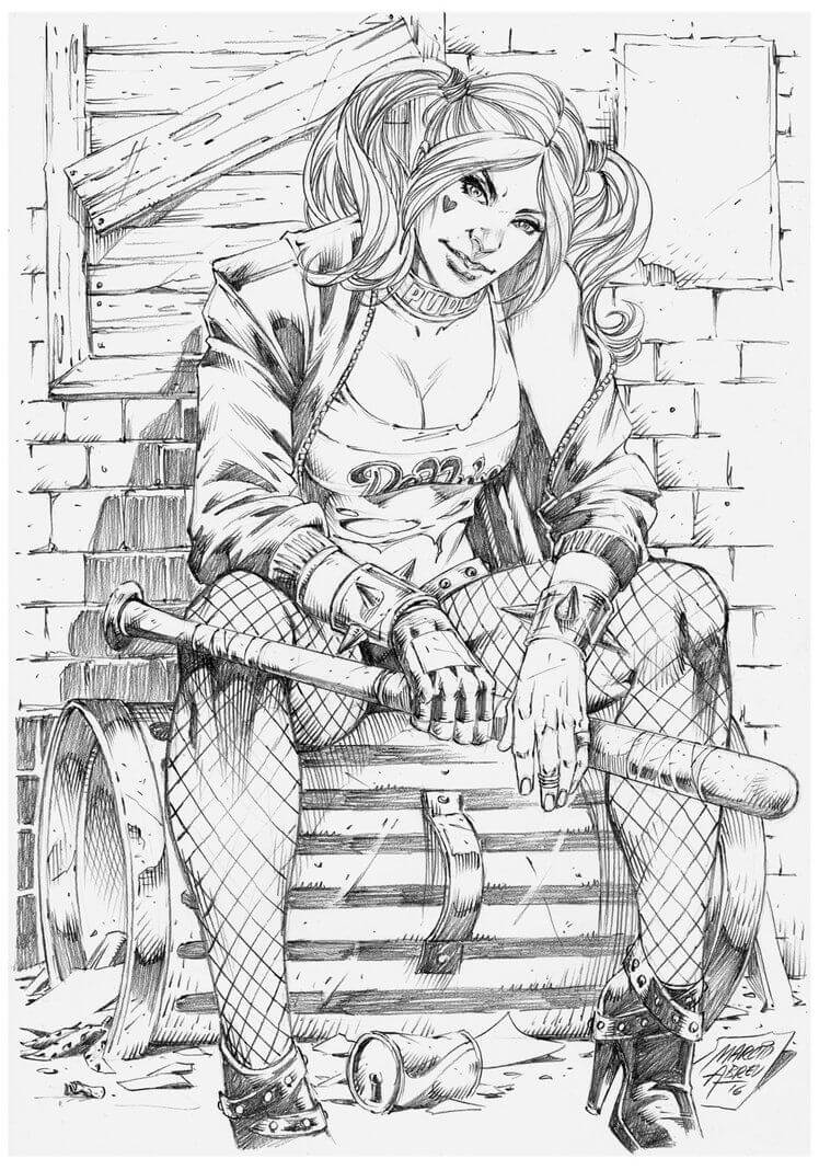 dibujo genial harley quinn sentada para imprimir y colorear