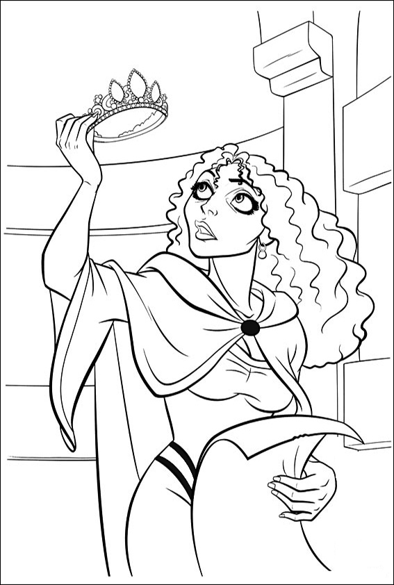 dibujo gothel sosteniendo la corona para imprimir y colorear