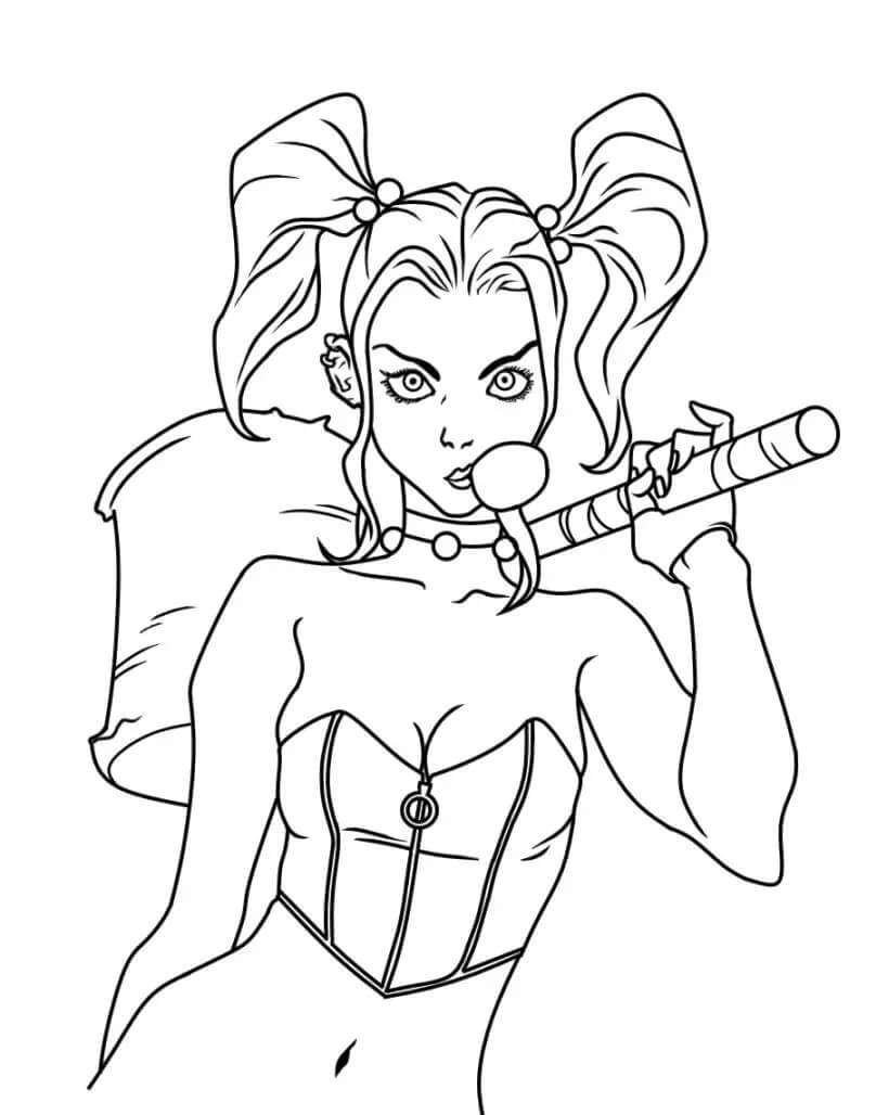 dibujo gran harley quinn con martillo para imprimir y colorear