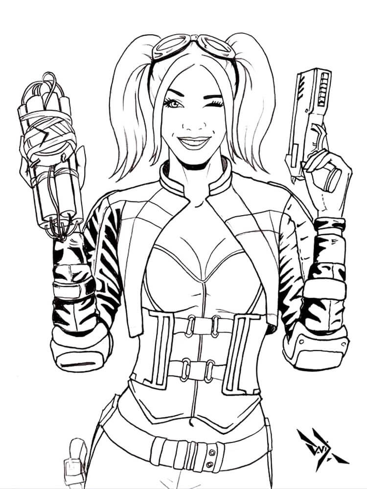 dibujo harley quinn con dos pistolas para imprimir y colorear