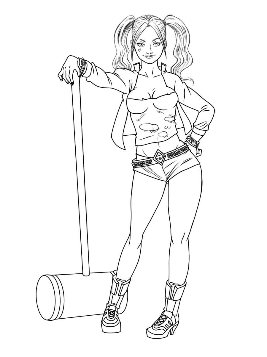 dibujo harley quinn con martillo para imprimir y colorear