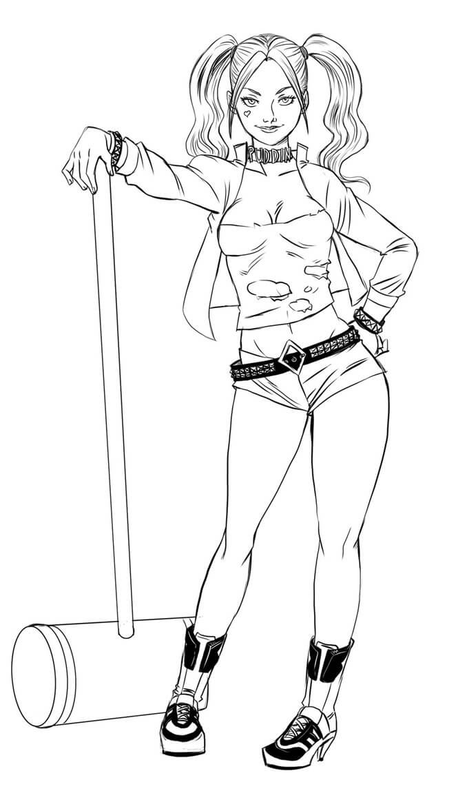 dibujo harley quinn sonriente con martillo para imprimir y colorear