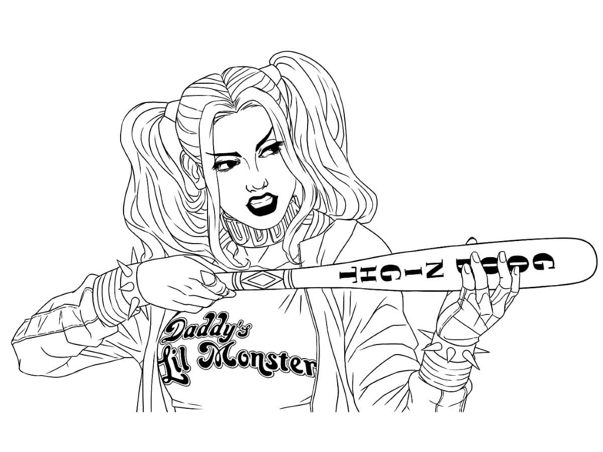 dibujo harley quinn sosteniendo un bate de beisbol para imprimir y colorear
